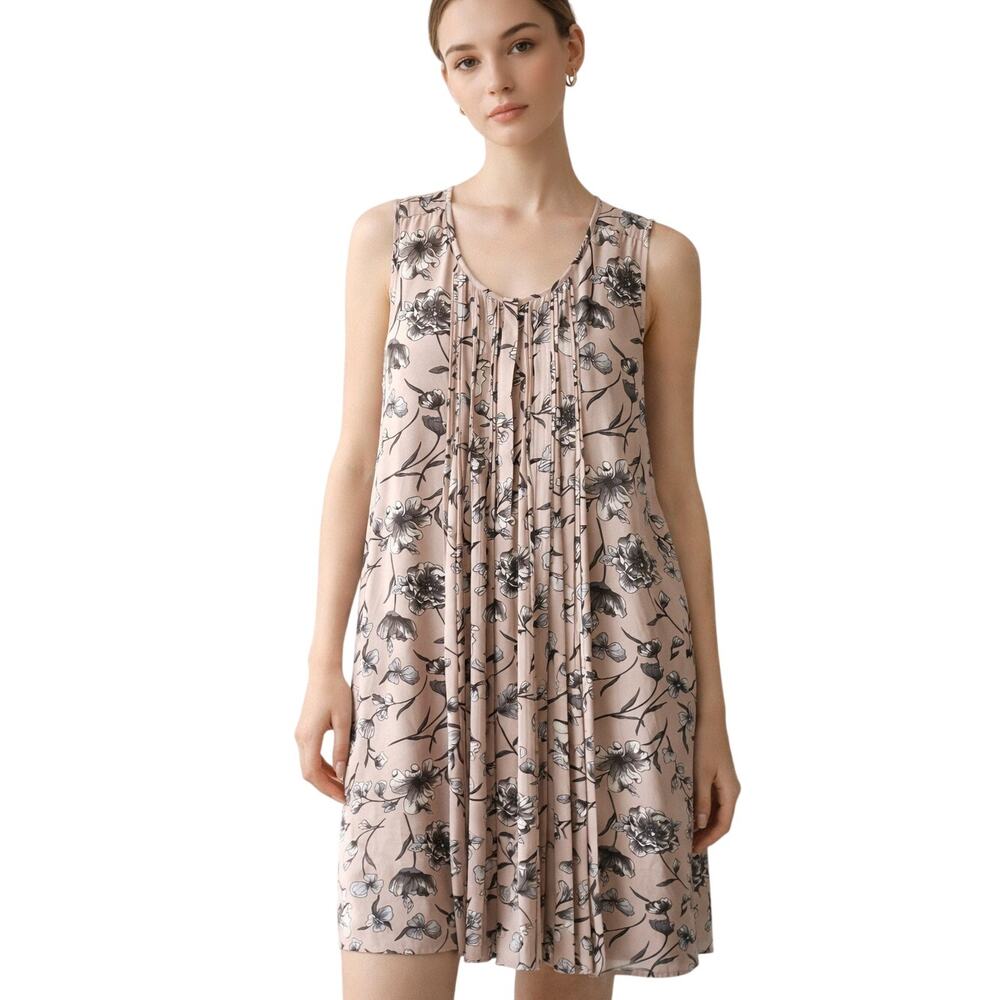 DR2 Pintucked Dress Womens Medium Pink Floral Sleeveless Tunic Boho Romantic